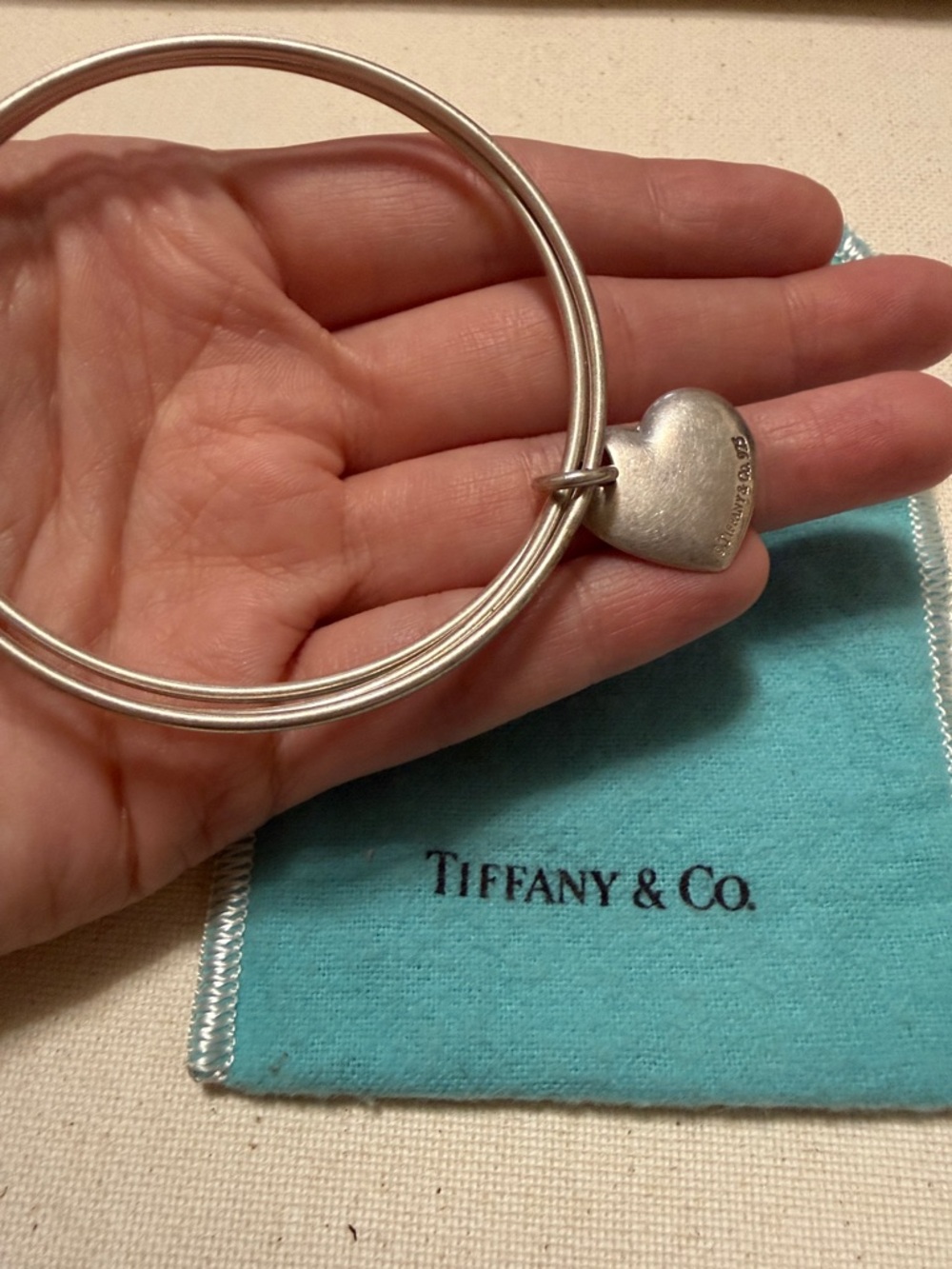 Tiffany & Co. Sterling Silver 925 Three Bangle Bracelet W/Heart Charm W/Pouch - Picture 13 of 16